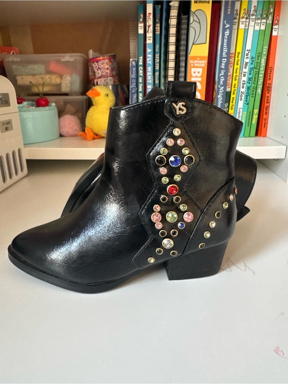 Yosi Samra Black Leather Kids Jewel-Studded Ankle Boots